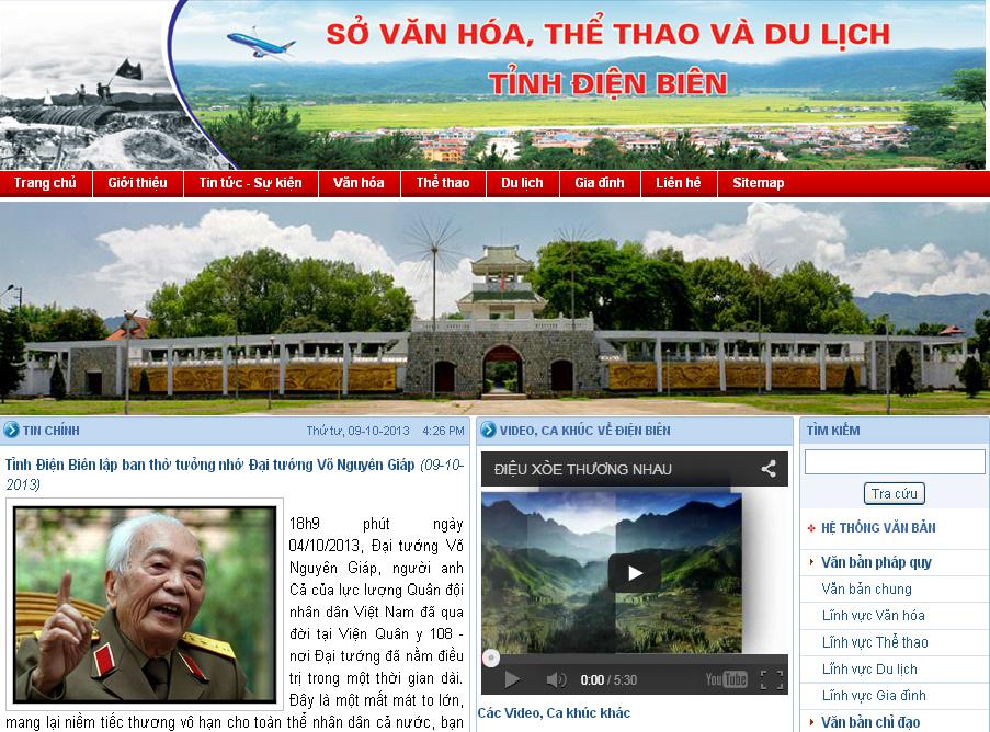 Giao diện trang chủ Website Sở Văn Hóa, Thể thao và Du lịch tỉnh Điện Biên