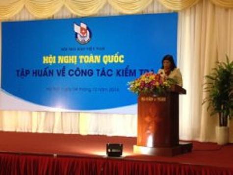 Bà Đỗ Thị Tình trao đổi các vi phạm phổ biến trong lĩnh vực báo chí tại Hội nghị toàn quốc tập huấn về công tác kiểm tra của Hội Nhà báo Việt Nam 2014